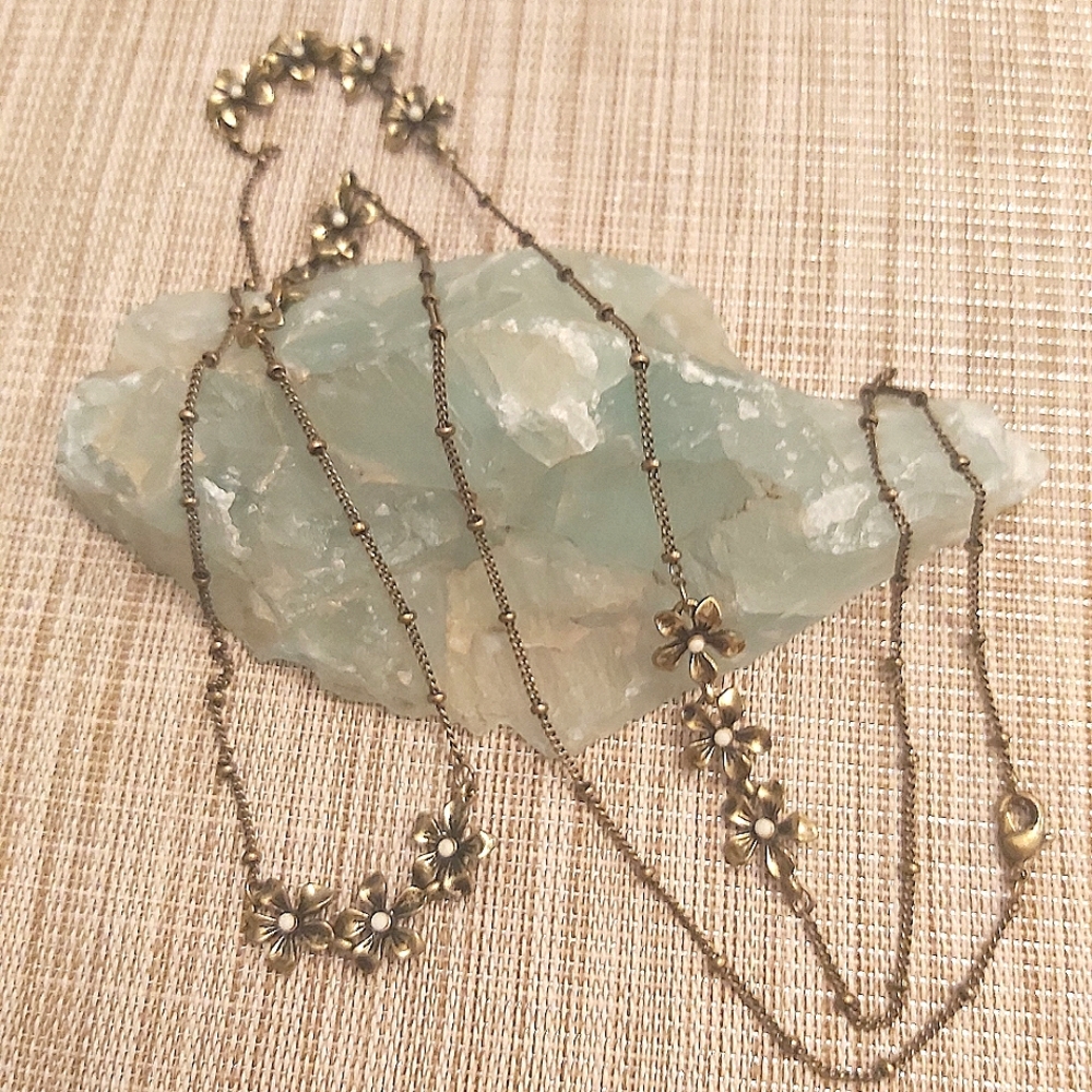 Vintage brasstone flowers long layering necklace